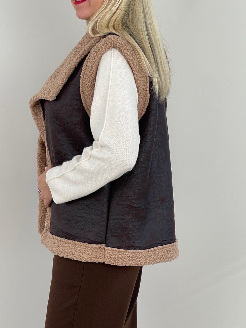 Weste Teddyfell und Lederoptik Braun Art. 6345