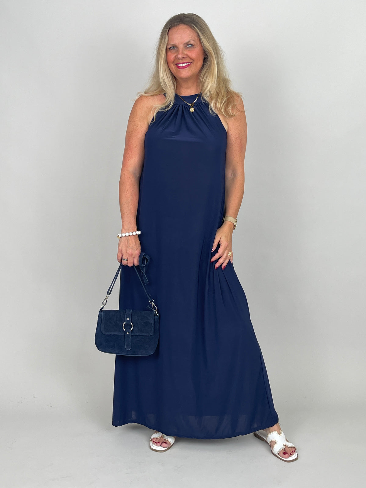 Neckholder-Kleid Maxi Uni in Marine