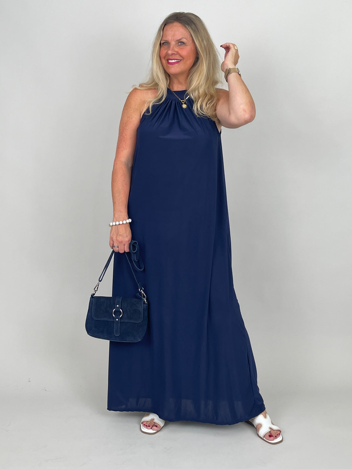 Neckholder-Kleid Maxi Uni in Marine