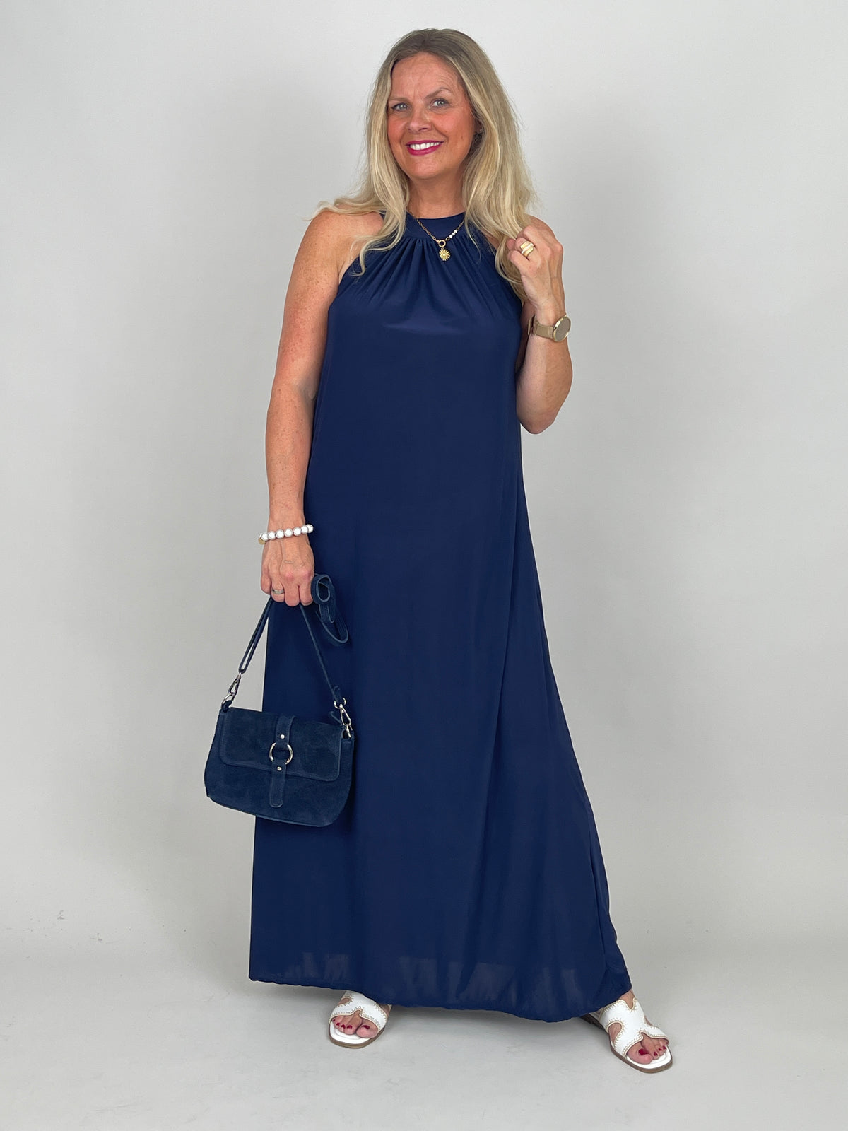 Neckholder-Kleid Maxi Uni in Marine
