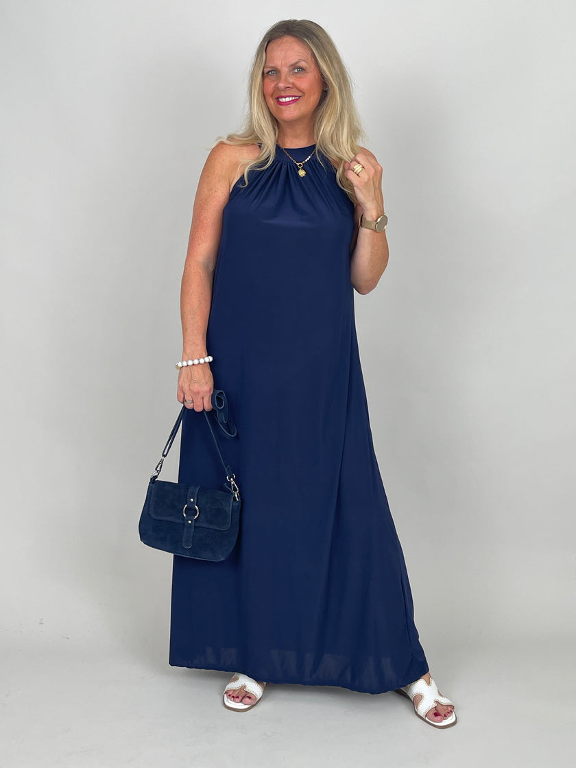 Neckholder-Kleid Maxi Uni in Marine