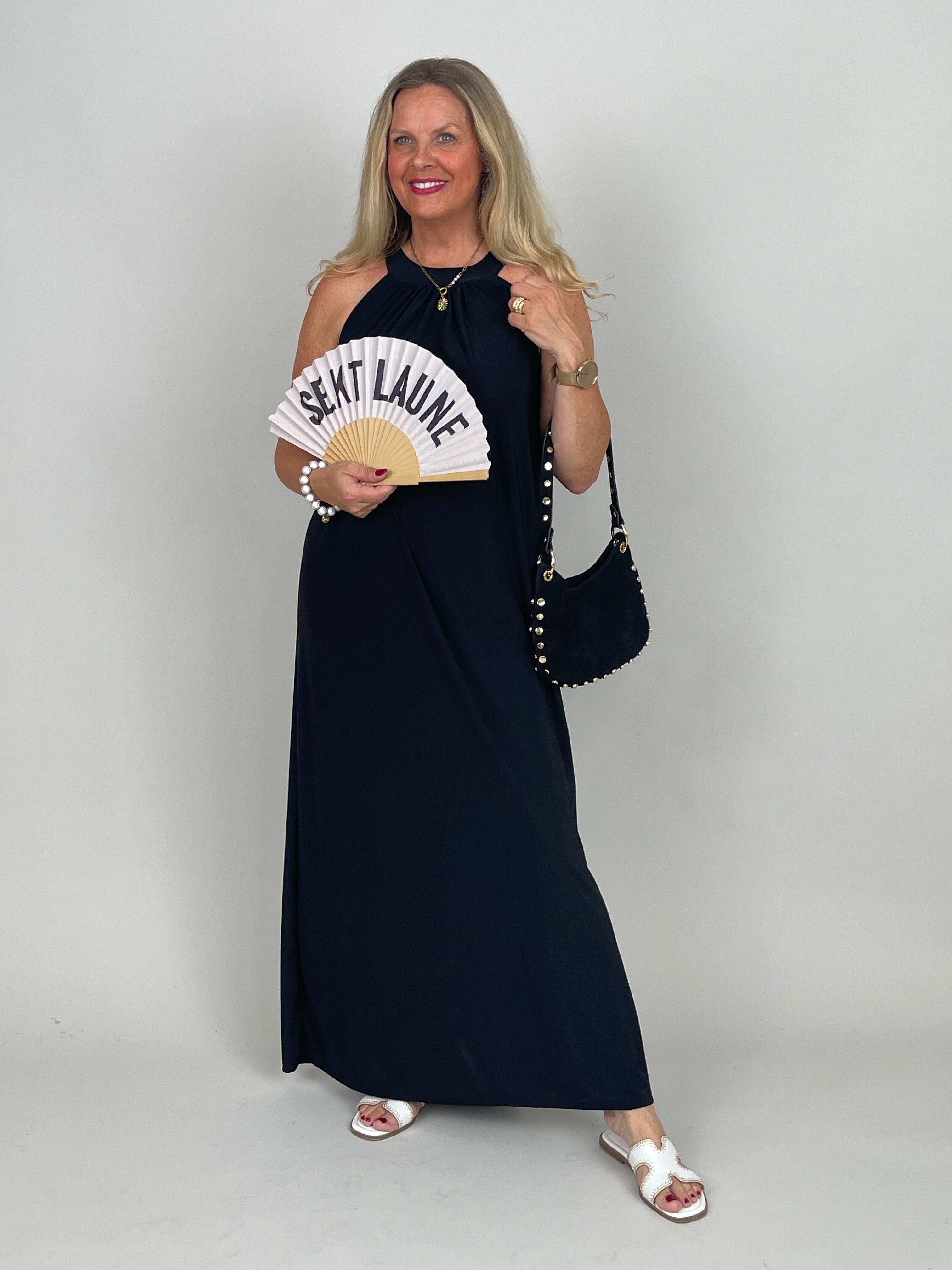Neckholder-Kleid Maxi Uni in Schwarz