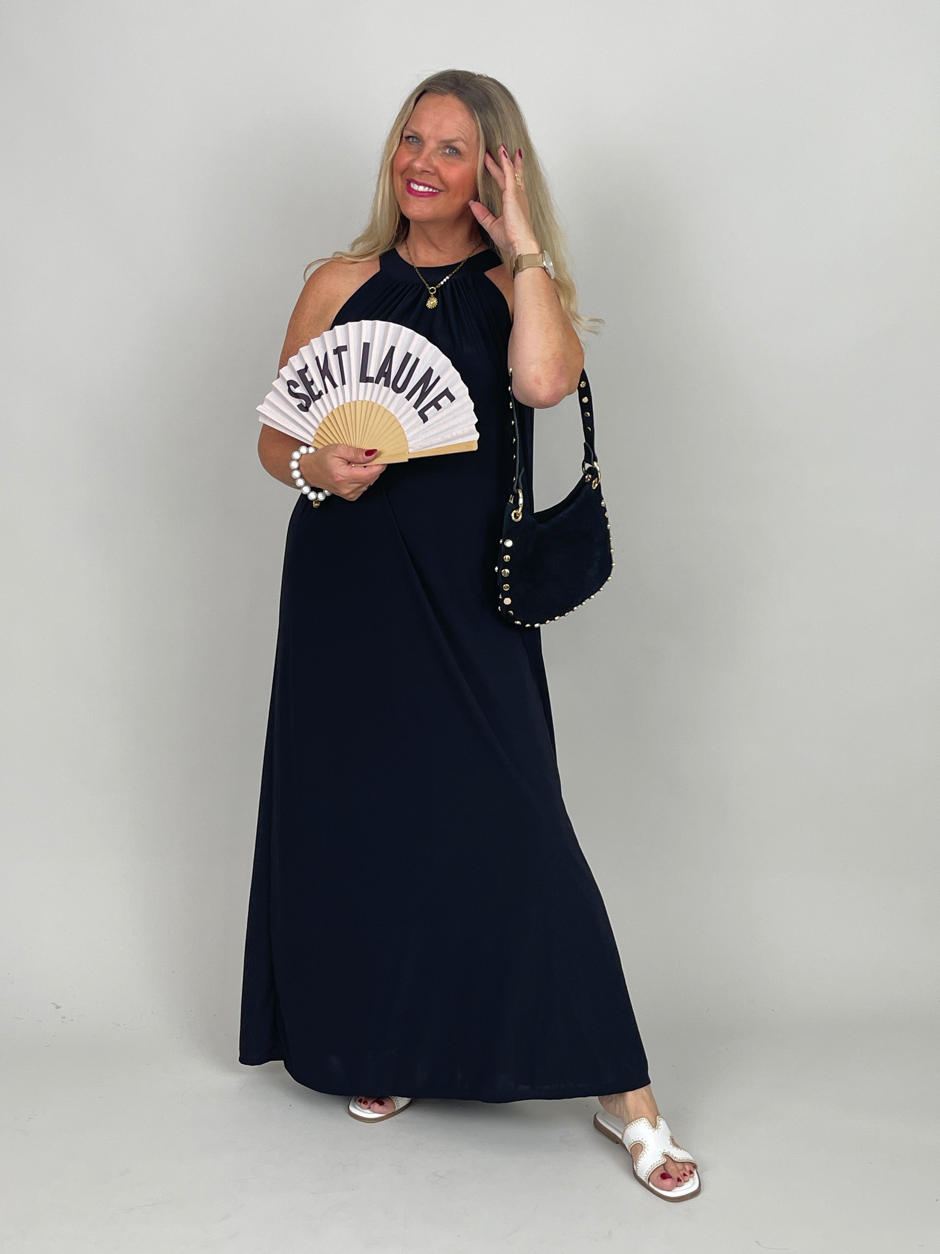 Neckholder-Kleid Maxi Uni in Schwarz