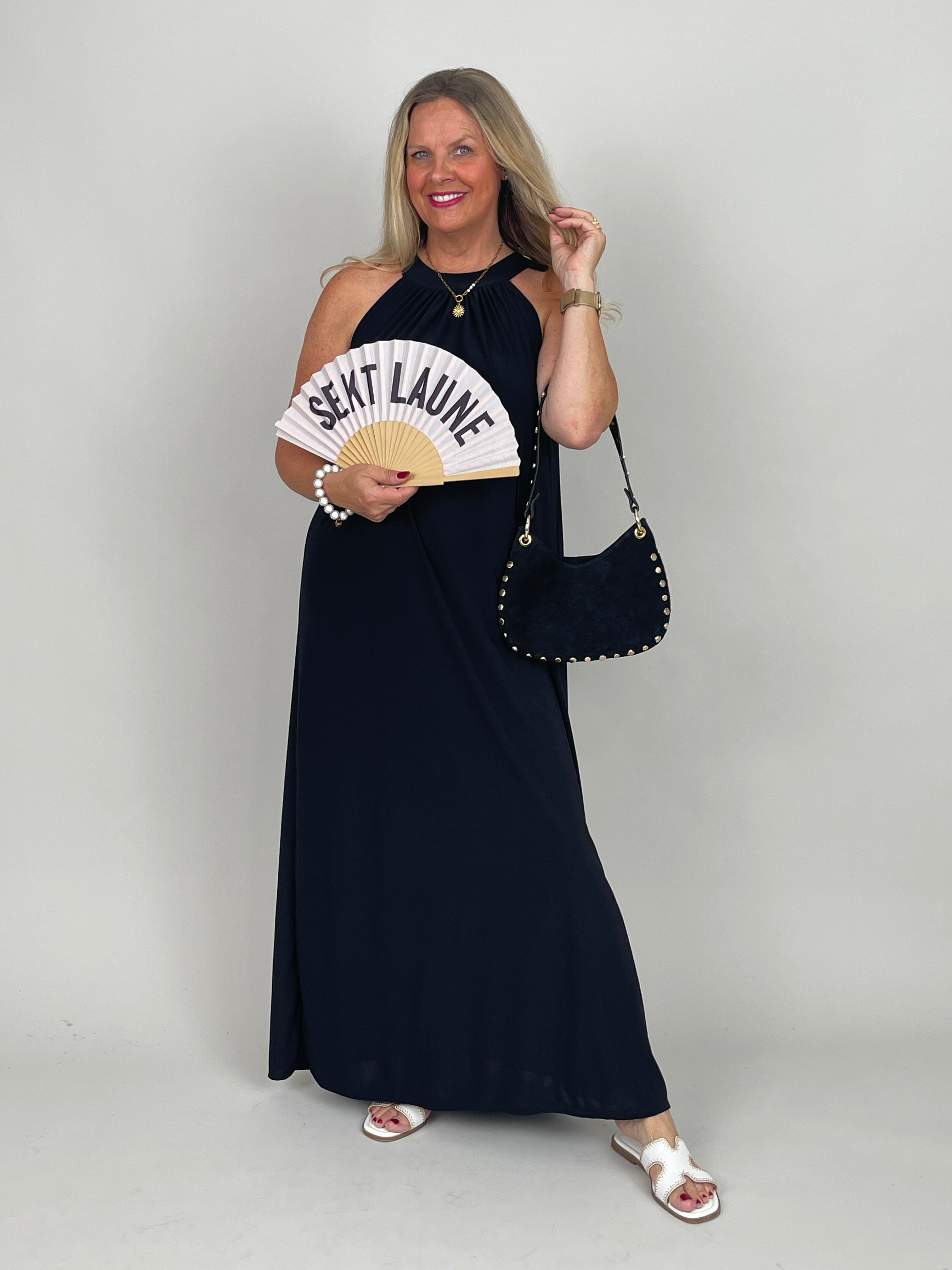 Neckholder-Kleid Maxi Uni in Schwarz