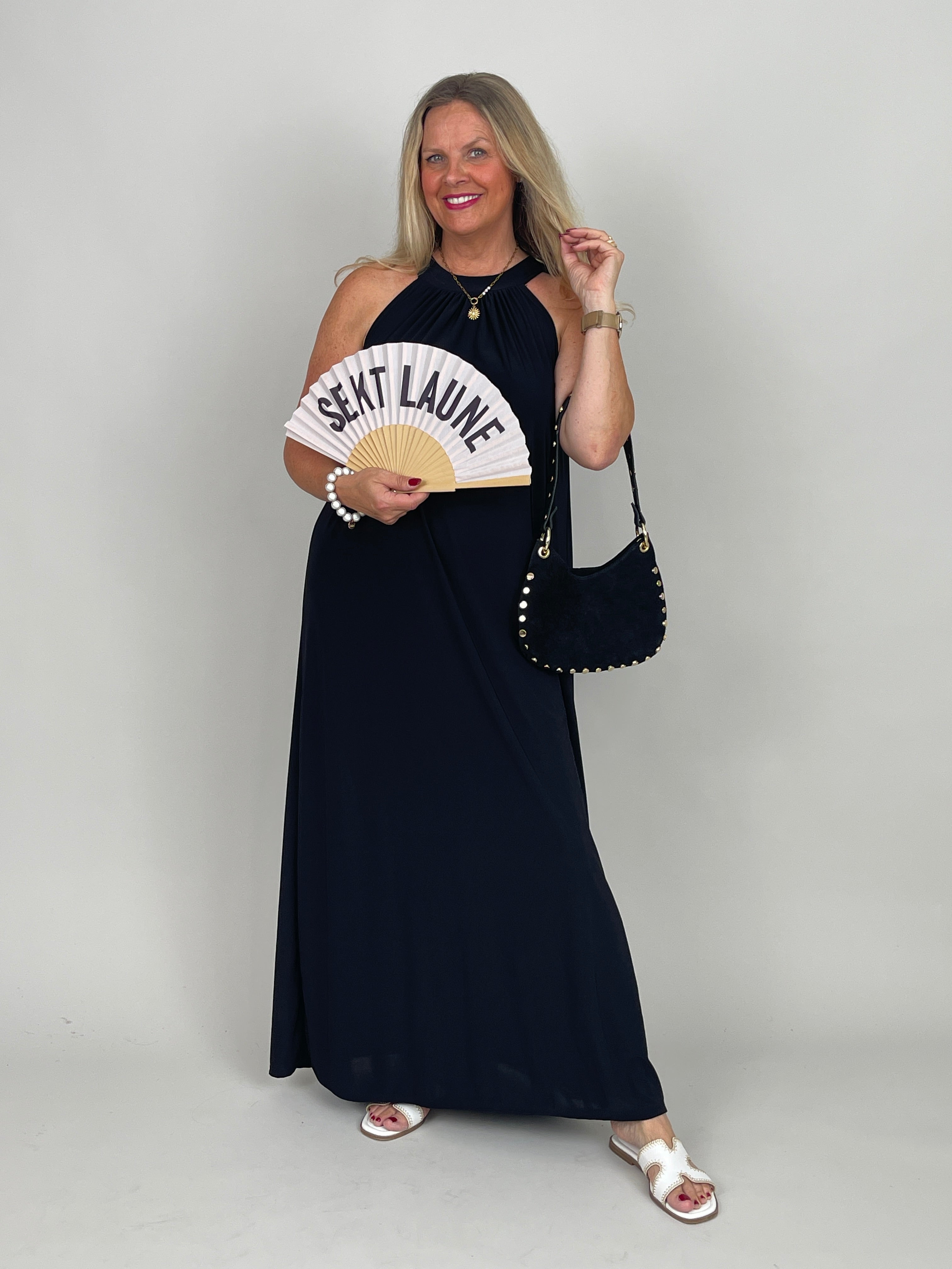 Neckholder-Kleid Maxi Uni in Schwarz