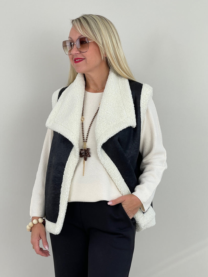 Weste Teddyfell und Lederoptik Creme Art. 6346