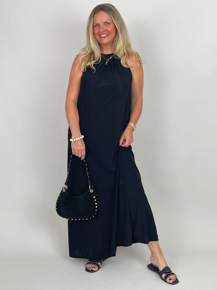 Neckholder-Kleid Maxi Uni in Schwarz