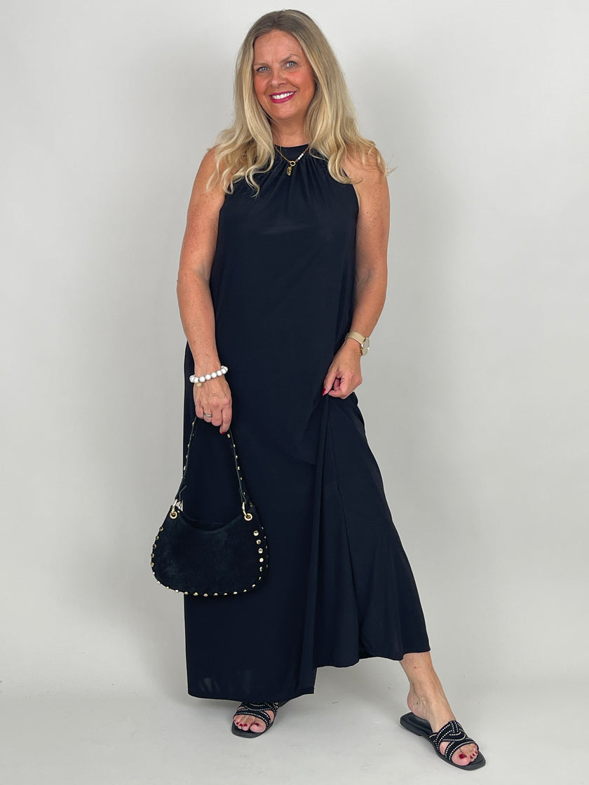 Neckholder-Kleid Maxi Uni in Schwarz