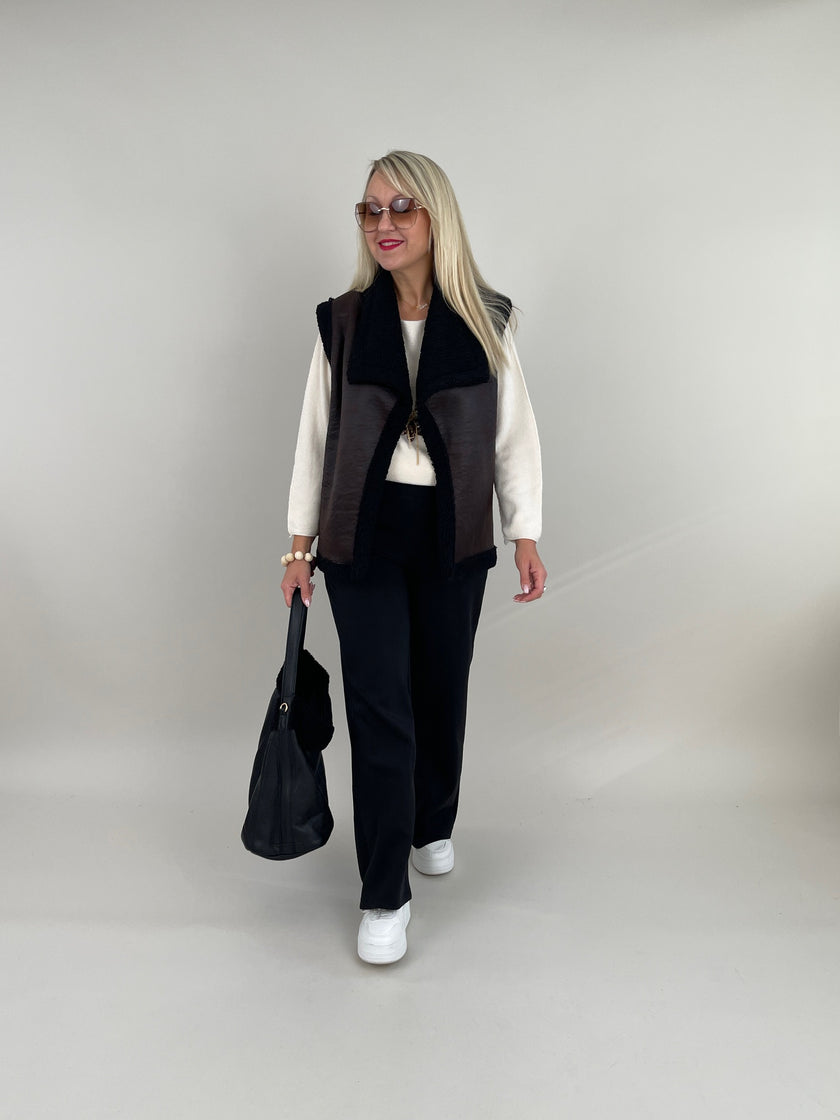 Weste Teddyfell und Lederoptik Schwarz Art. 6347