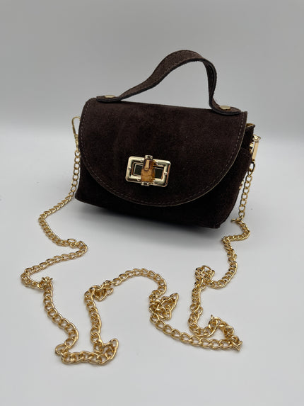 Kleine Ledertasche goldene Details in Mokka
