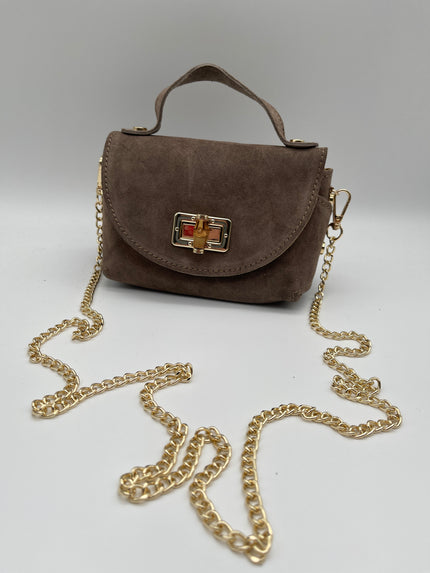 Kleine Ledertasche goldene Details in Taupe