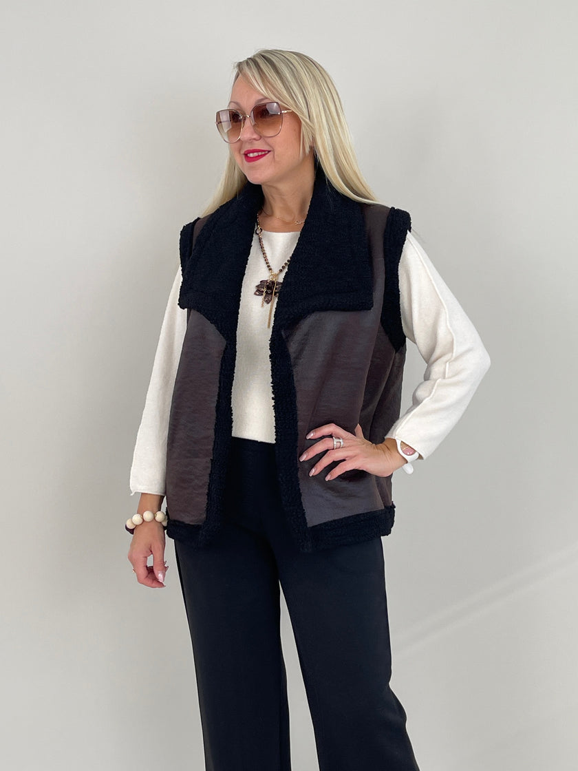 Weste Teddyfell und Lederoptik Schwarz Art. 6347