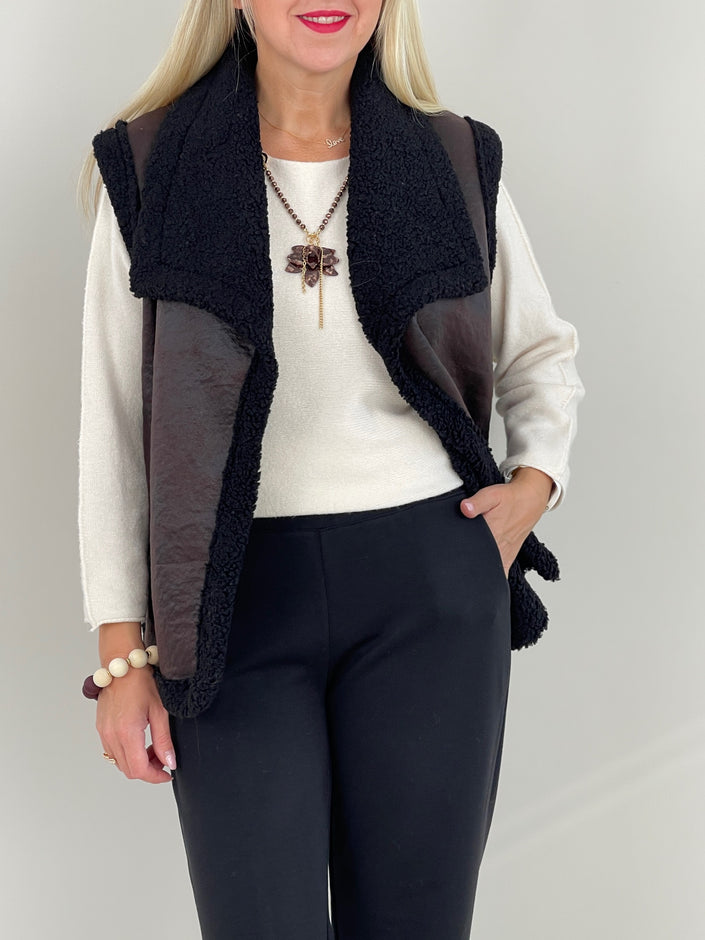 Weste Teddyfell und Lederoptik Schwarz Art. 6347