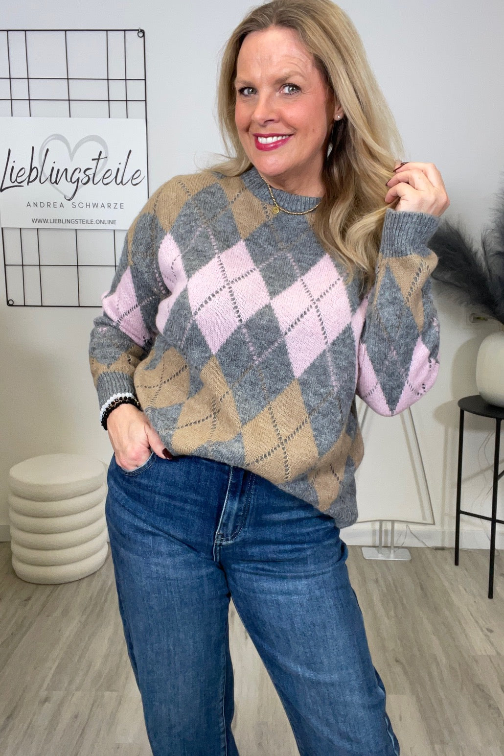 Pullover Rauten Muster in Grau/Rosa Art. 6665