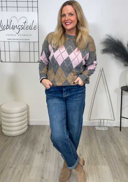 Pullover Rauten Muster in Grau/Rosa Art. 6665