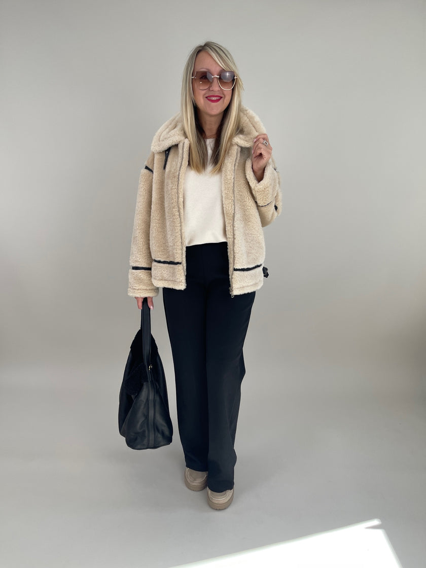 Jacke Kunstfell Lederoptik-Details in Beige Art. 6387