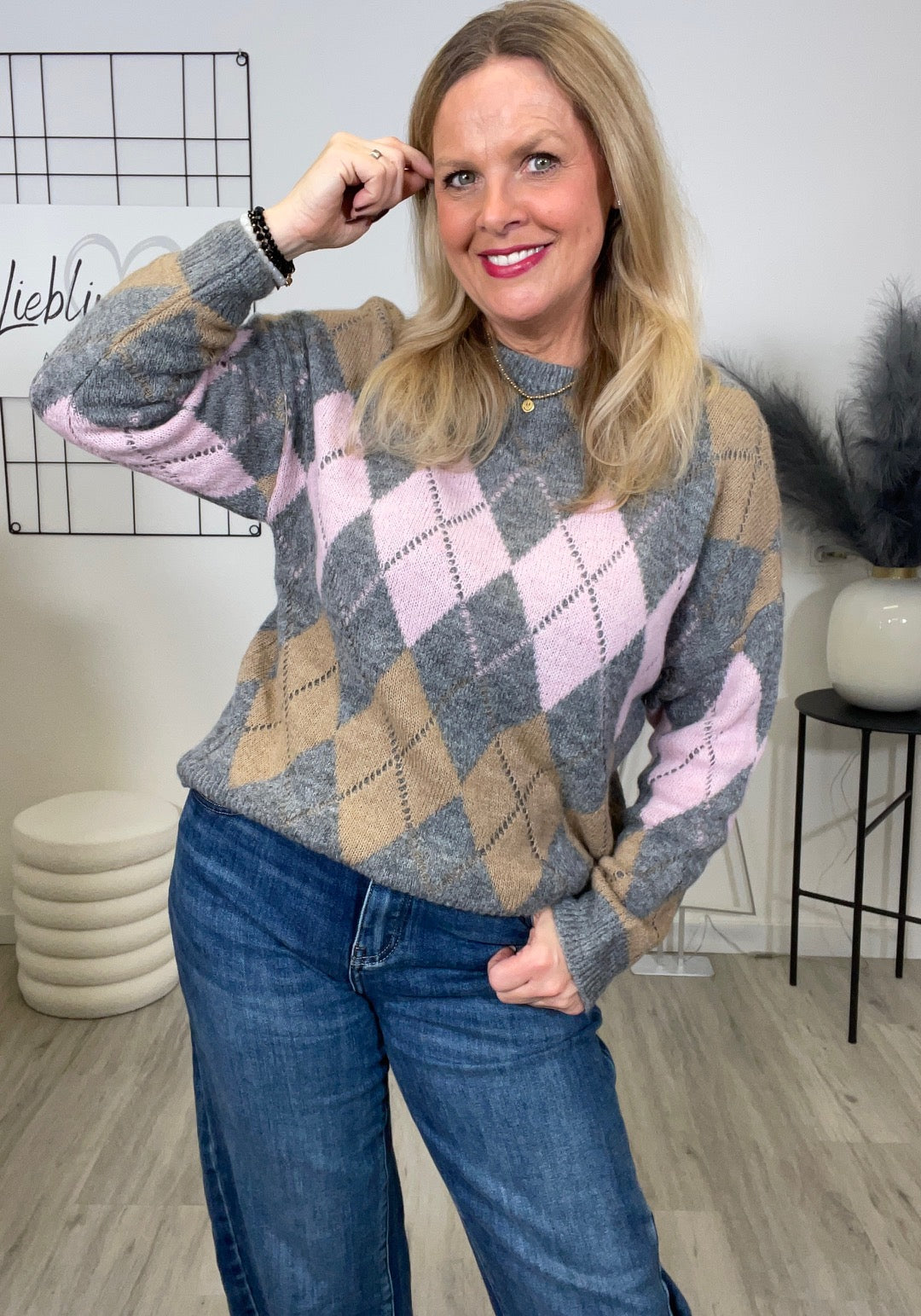 Pullover Rauten Muster in Grau/Rosa Art. 6665