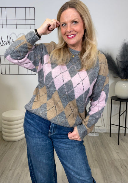 Pullover Rauten Muster in Grau/Rosa Art. 6665