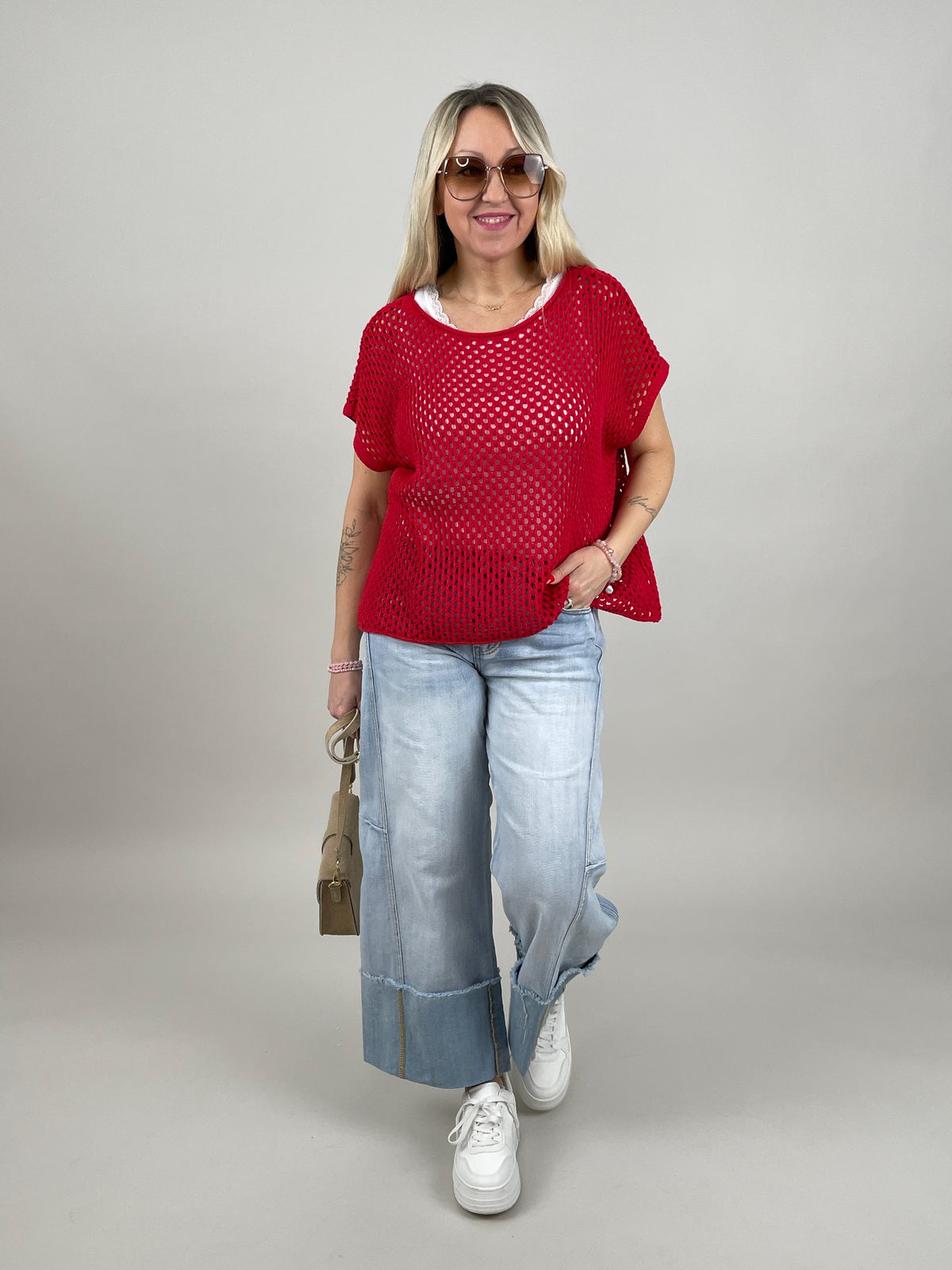 Netzpullover Kurzarm in Rot