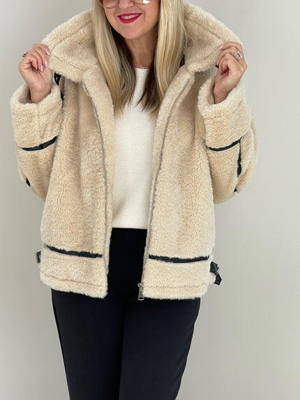 Jacke Kunstfell Lederoptik-Details in Beige Art. 6388