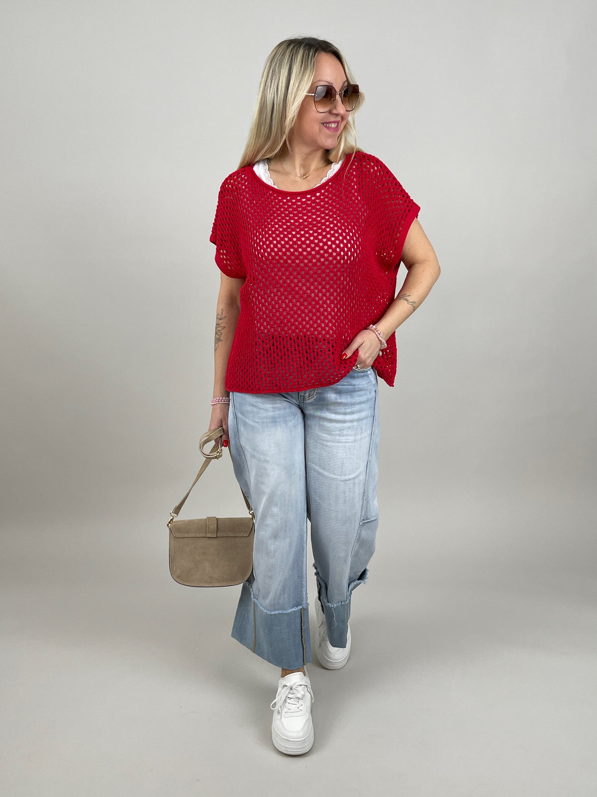 Netzpullover Kurzarm in Rot