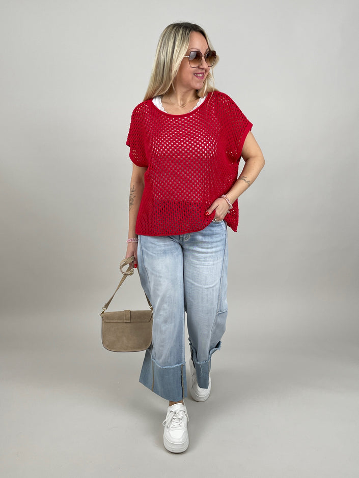 Netzpullover Kurzarm in Rot