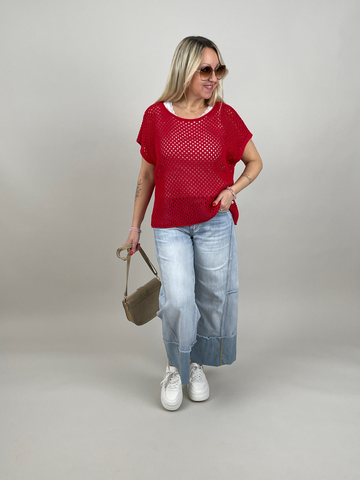 Netzpullover Kurzarm in Rot