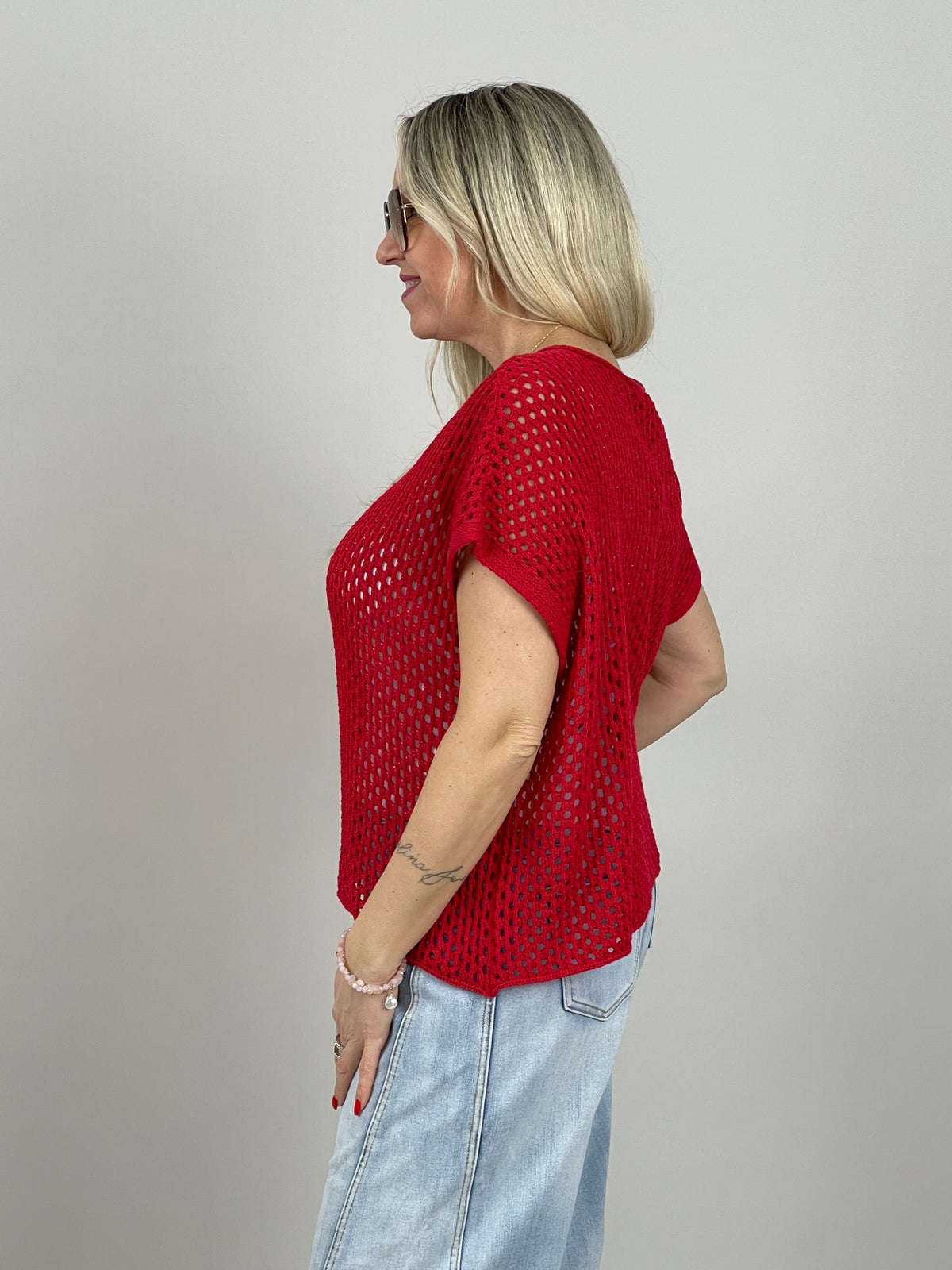 Netzpullover Kurzarm in Rot
