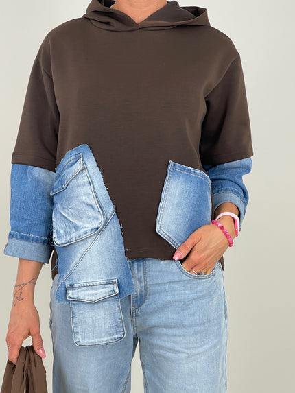 Hoodie mit Jeans-Details in Mokka Art. 6383