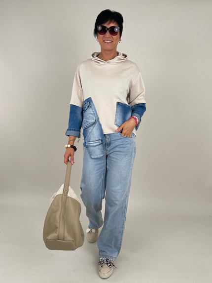 Hoodie mit Jeans-Details in Beige Art. 6382