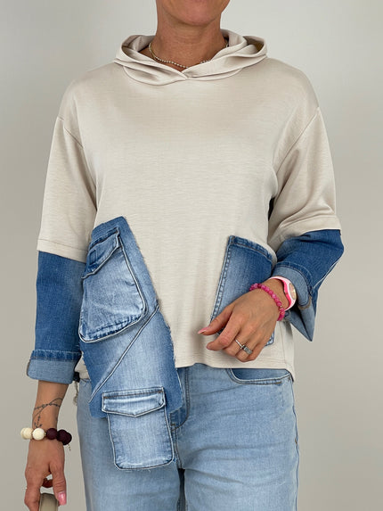 Hoodie mit Jeans-Details in Beige Art. 6382