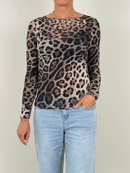 Langarmshirt mit Cashmere Leo in Taupe/Schwarz Artikel 6448