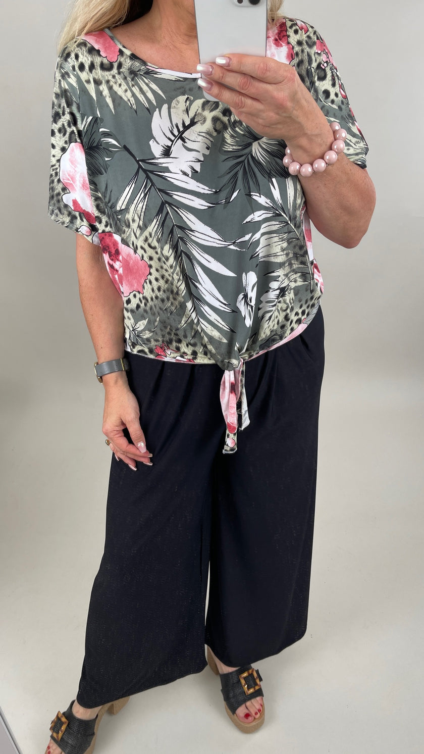 Blusenshirt mit Knoten Muster in Khaki/Rosa