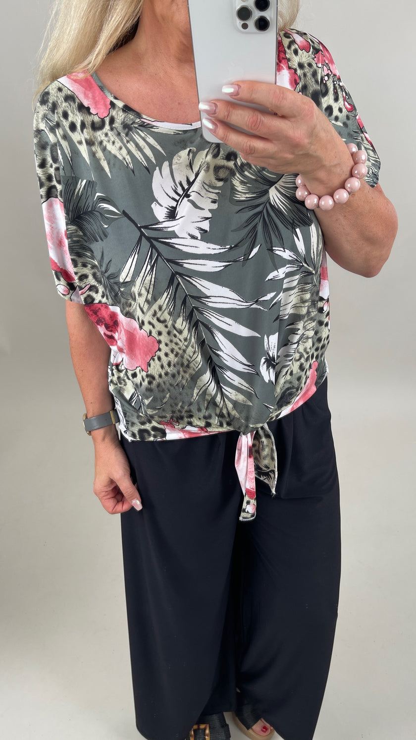 Blusenshirt mit Knoten Muster in Khaki/Rosa