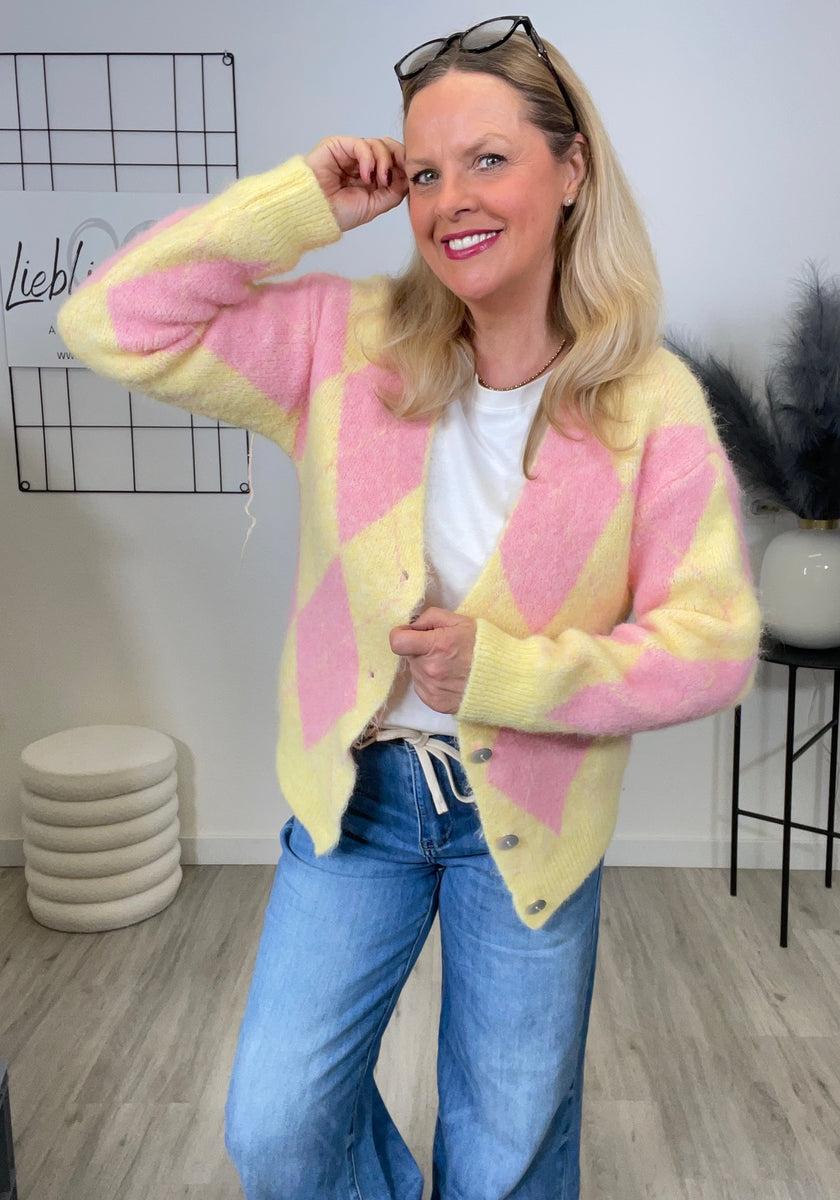 Cardigan Rauten in Gelb/Rosa Artikel 6700