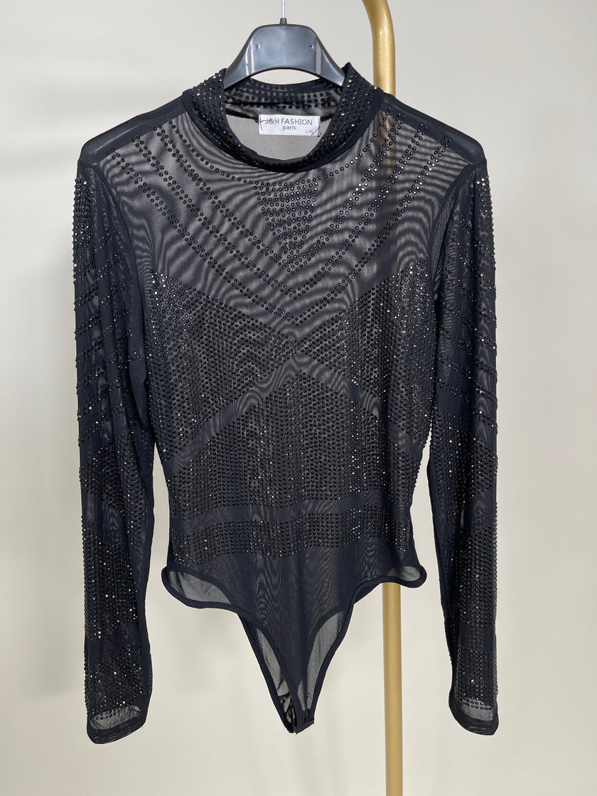 Body aus Mesh mit schwarzen Glitzersteinchen Artikel 5483
