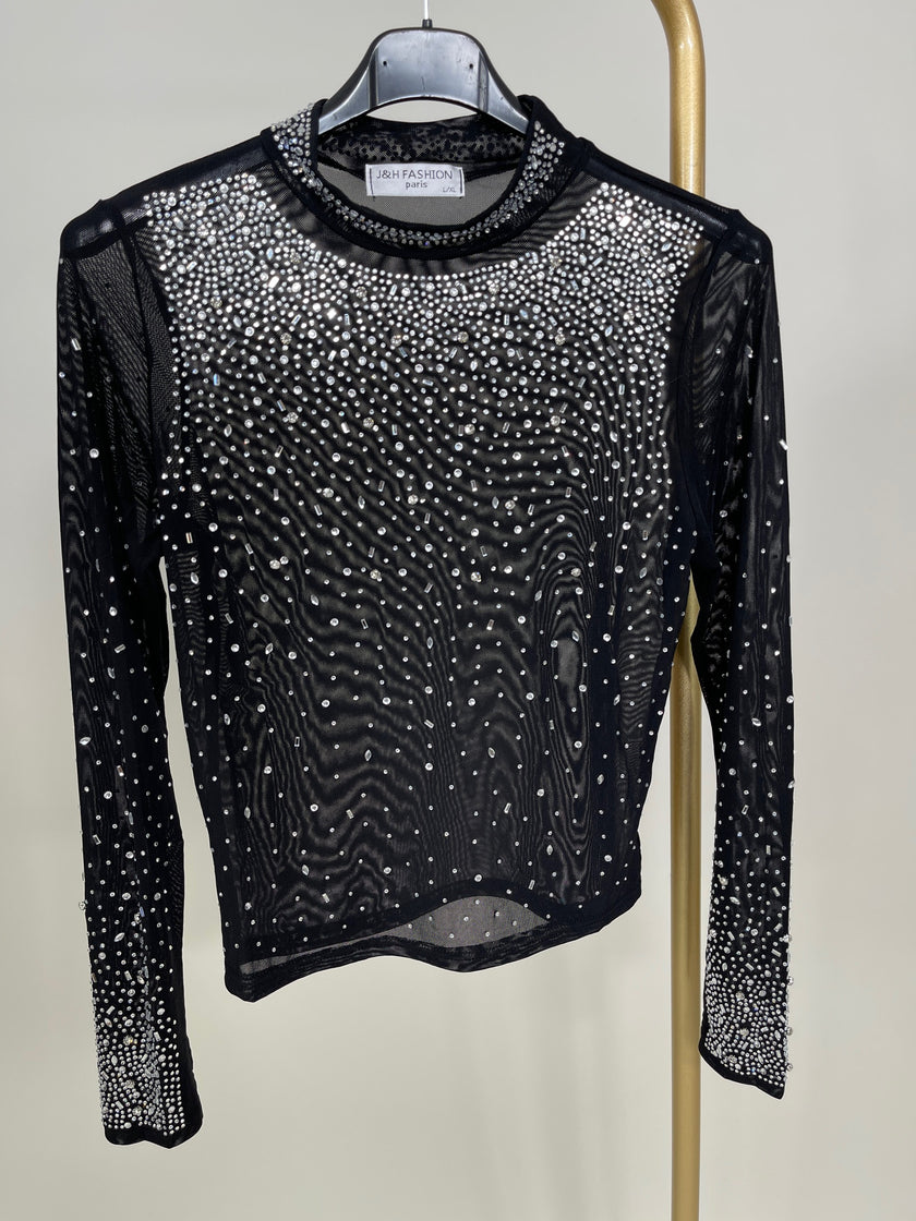 Langarmshirt Mesh mit Glitzersteinchen Artikel 5480