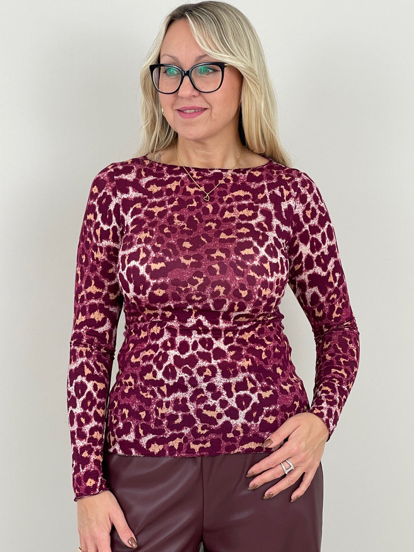 Langarmshirt mit Cashmere Leo in Bordeaux Art. 6458