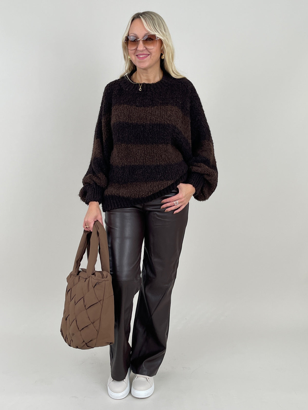 Pullover Bouclé Grobstrick mit Streifen in Braun