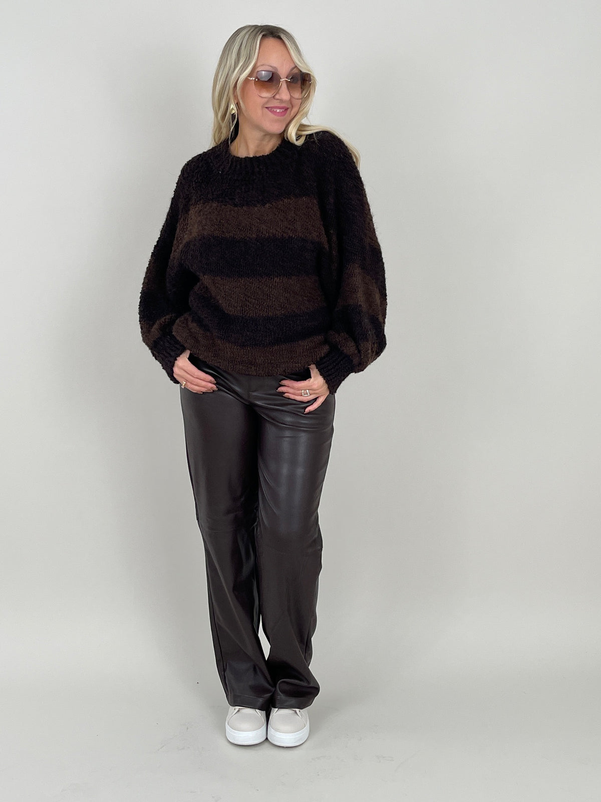 Pullover Bouclé Grobstrick mit Streifen in Braun