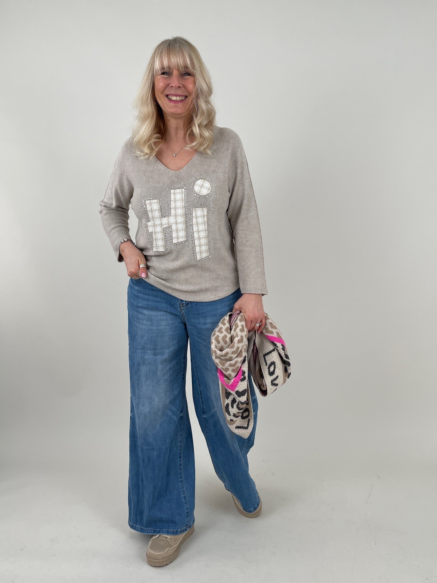 Pullover mit Druck in Beige Art. 6718