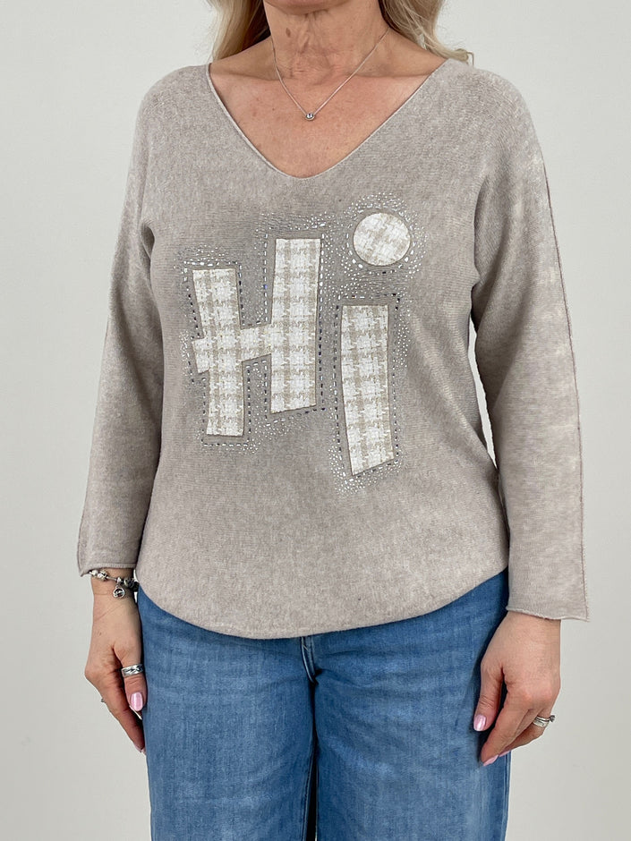 Pullover mit Druck in Beige Art. 6718
