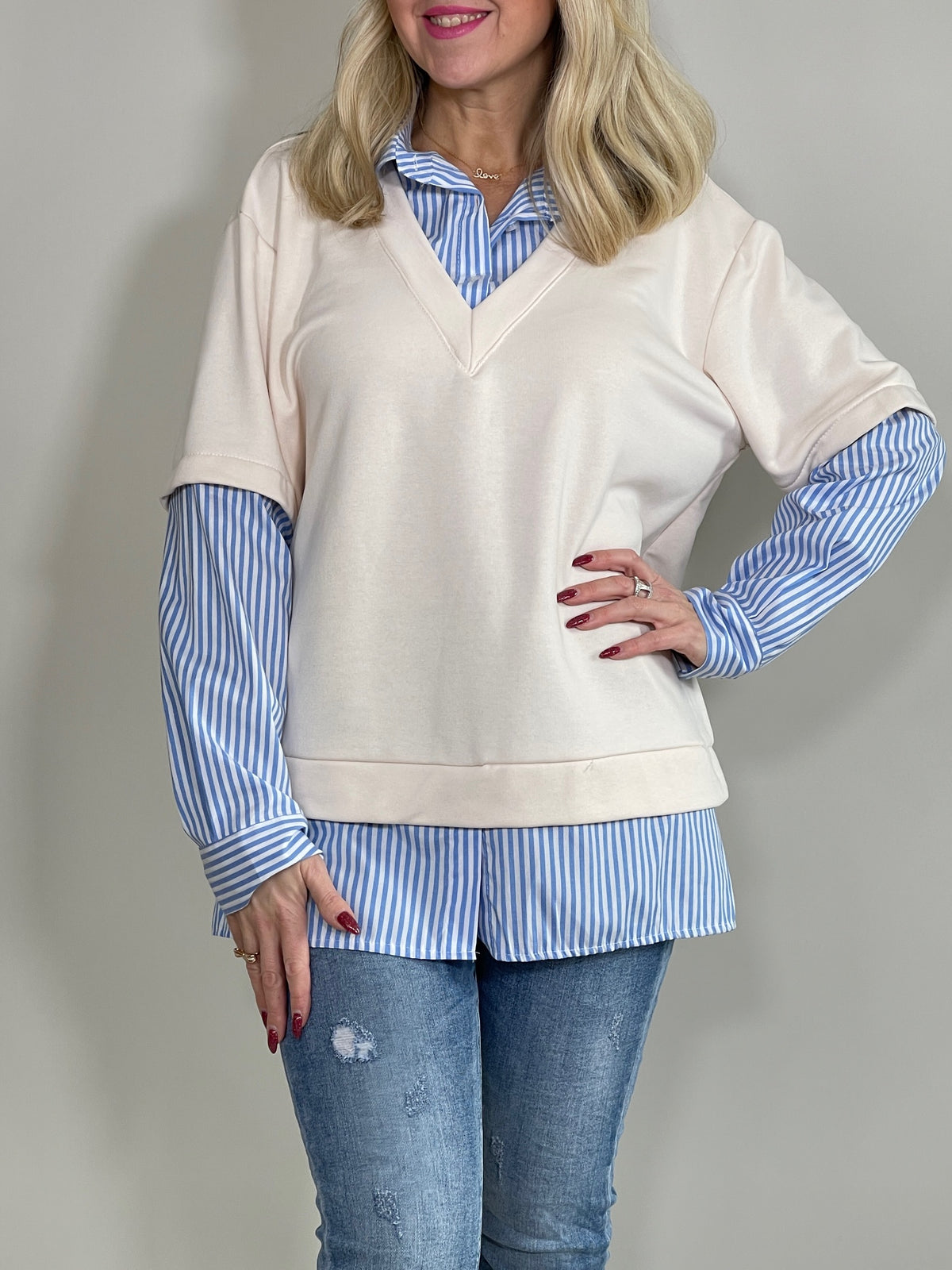 Sweatshirt mit Bluseneinsatz in versch. Farben