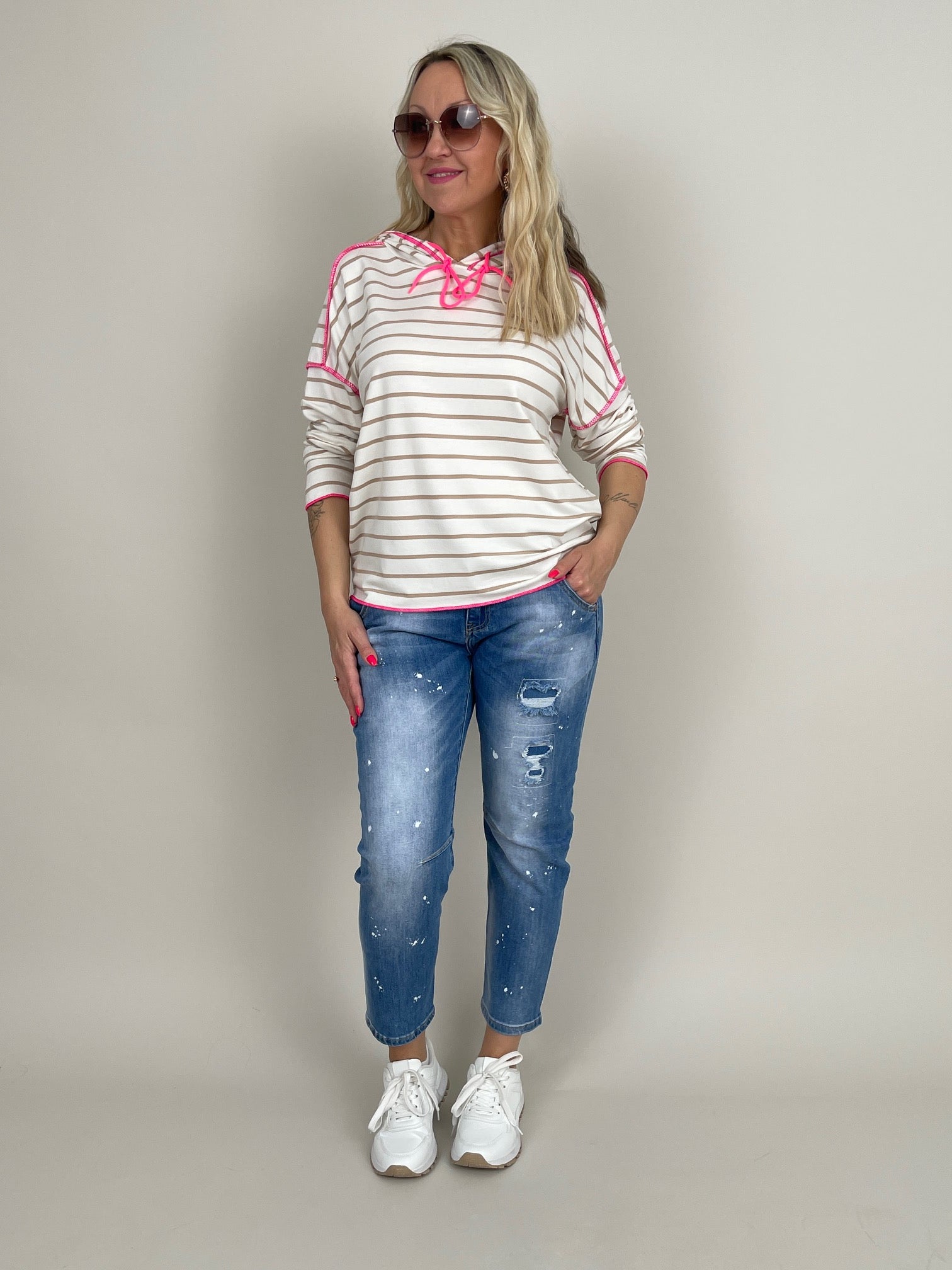 Sweatshirt Streifen in Beige/Pink Artikel 6067