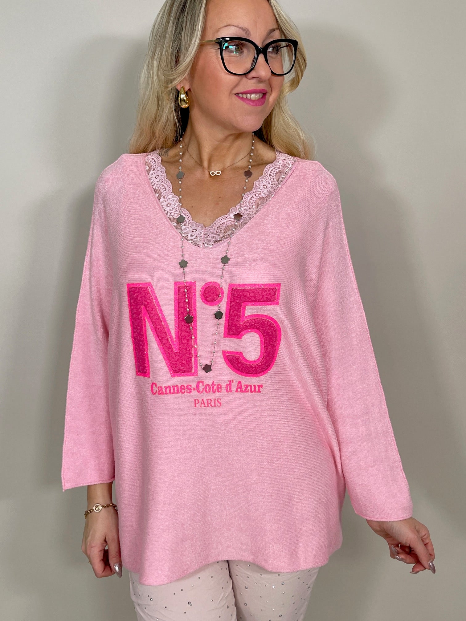 B-WARE Pullover mit Frottee Details in Rosa Artikel 5604