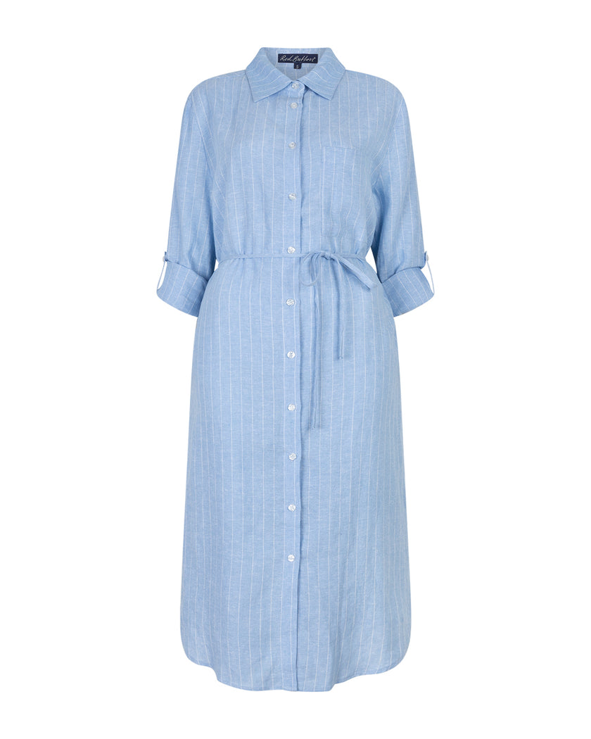 Blusenkleid Leinen Streifen in Hellblau