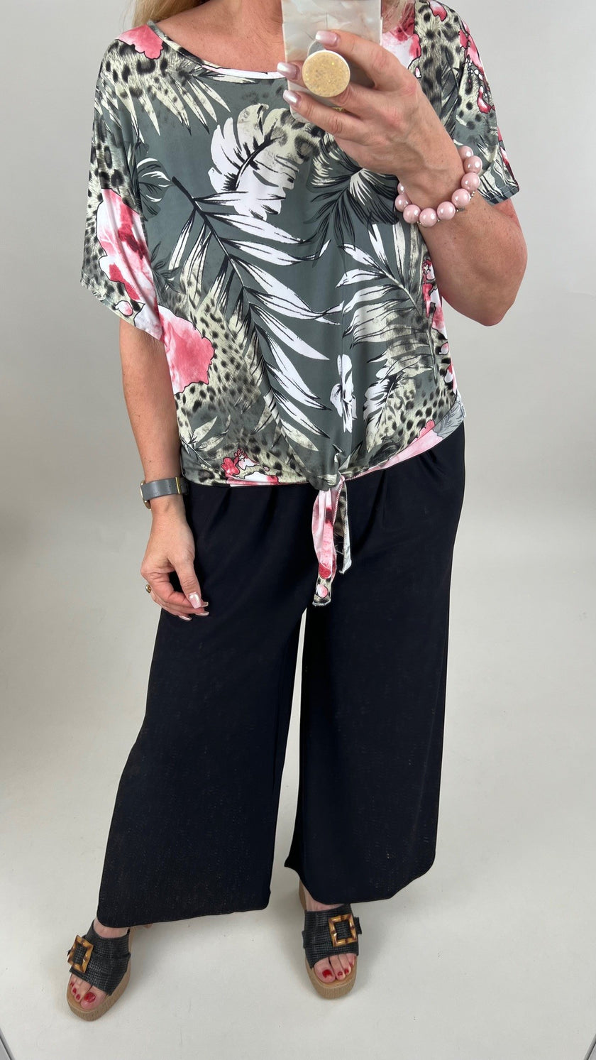 Blusenshirt mit Knoten Muster in Khaki/Rosa