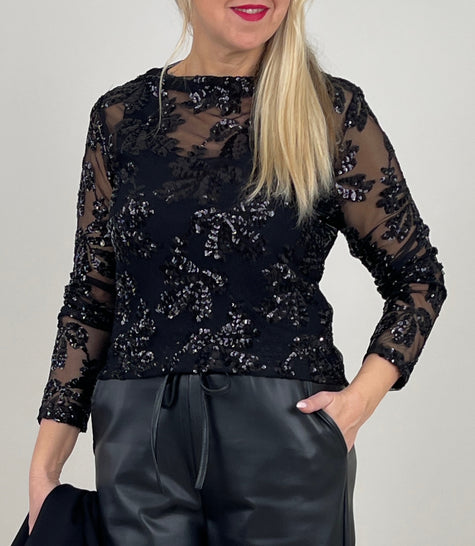 Langarmshirt aus Mesh mit Pailletten in Schwarz Art. 6588