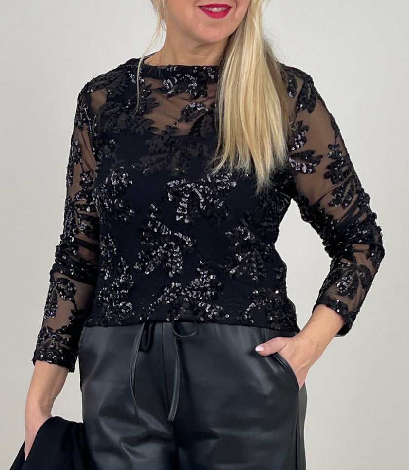 Langarmshirt aus Mesh mit Pailletten in Schwarz Art. 6588