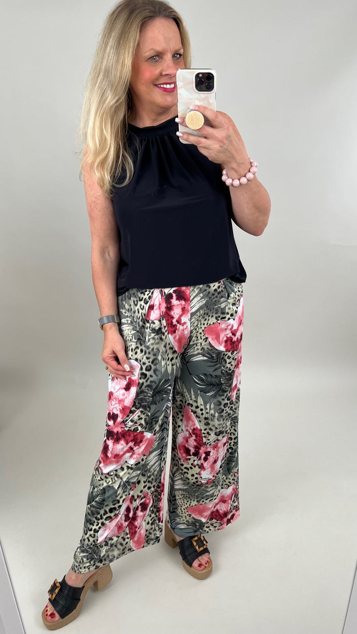 Marlene Hose Bundfalte Kofferstoff Muster in Khaki/Rosa Artikel 5993